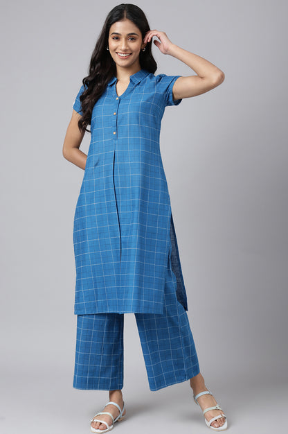 Blue Check Printed Shirt Collar kurta