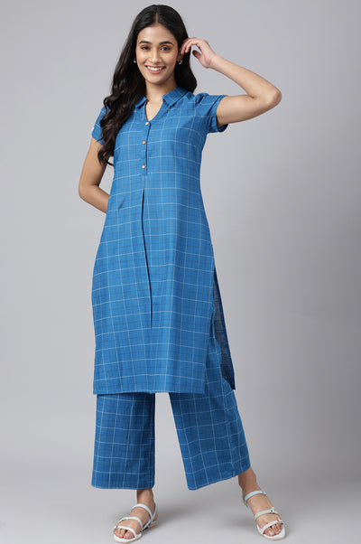 Blue Check Printed Shirt Collar kurta
