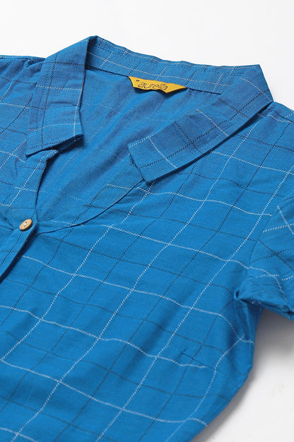 Blue Check Printed Shirt Collar kurta