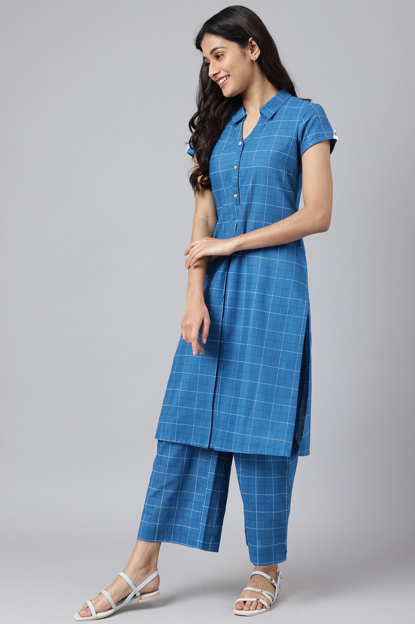 Blue Check Printed Shirt Collar kurta