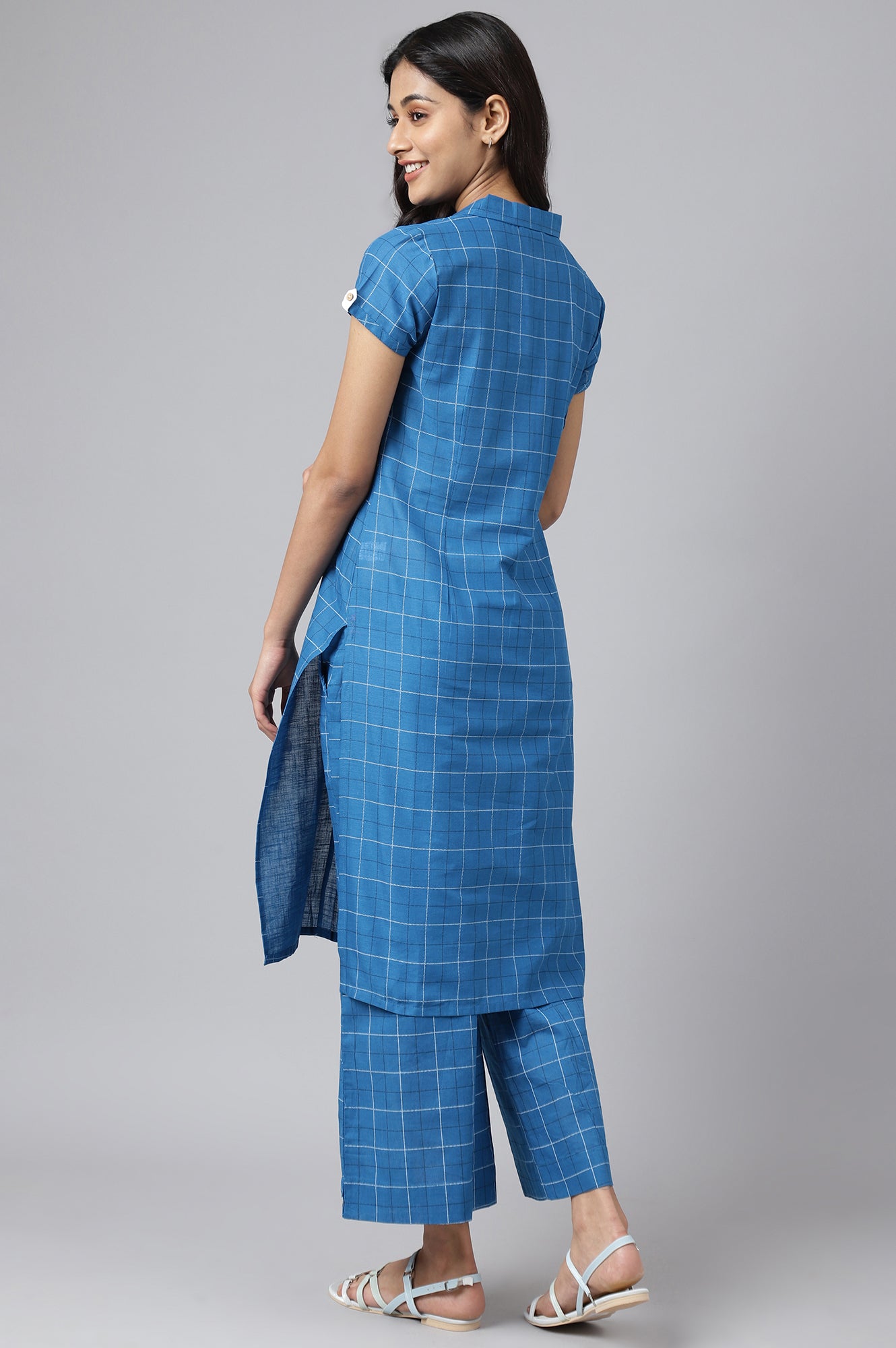 Blue Check Printed Shirt Collar kurta