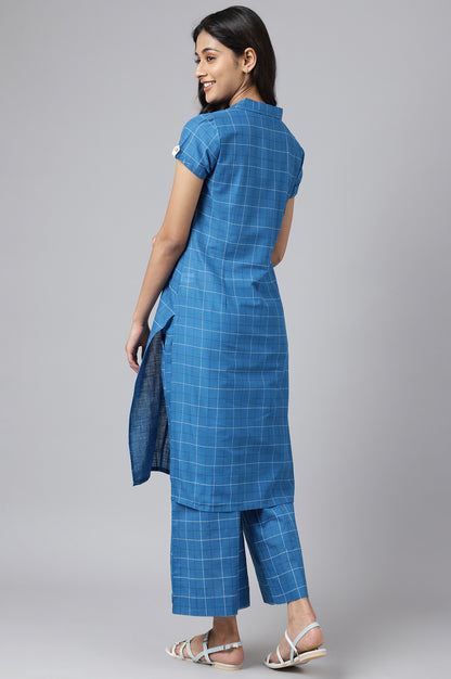 Blue Check Printed Shirt Collar kurta