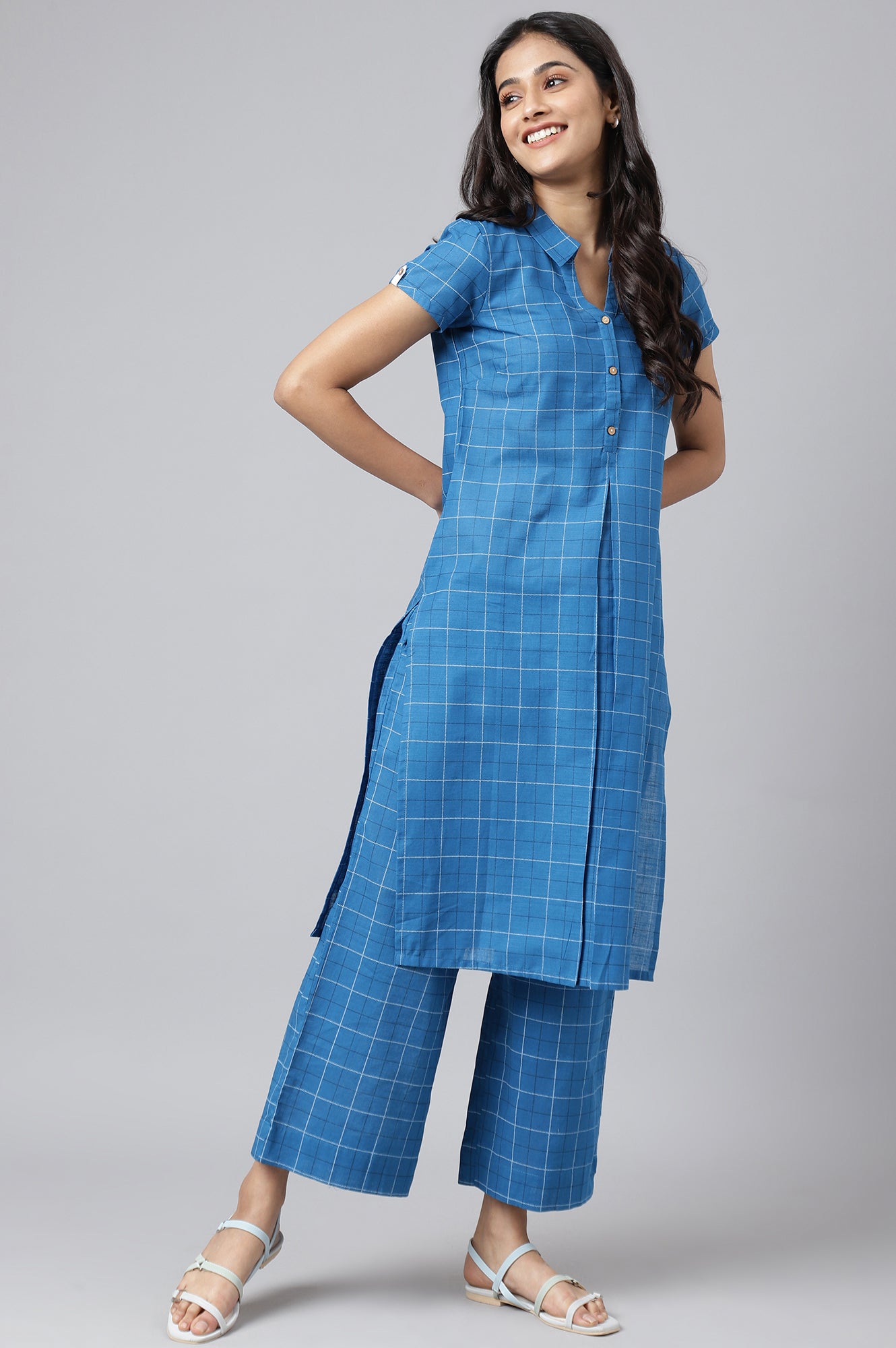 Blue Check Printed Shirt Collar kurta