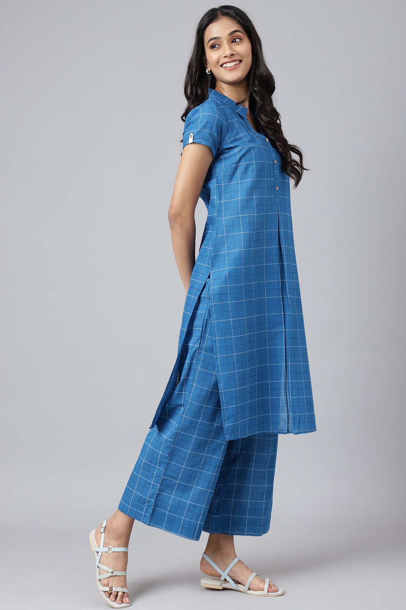 Blue Check Printed Shirt Collar kurta