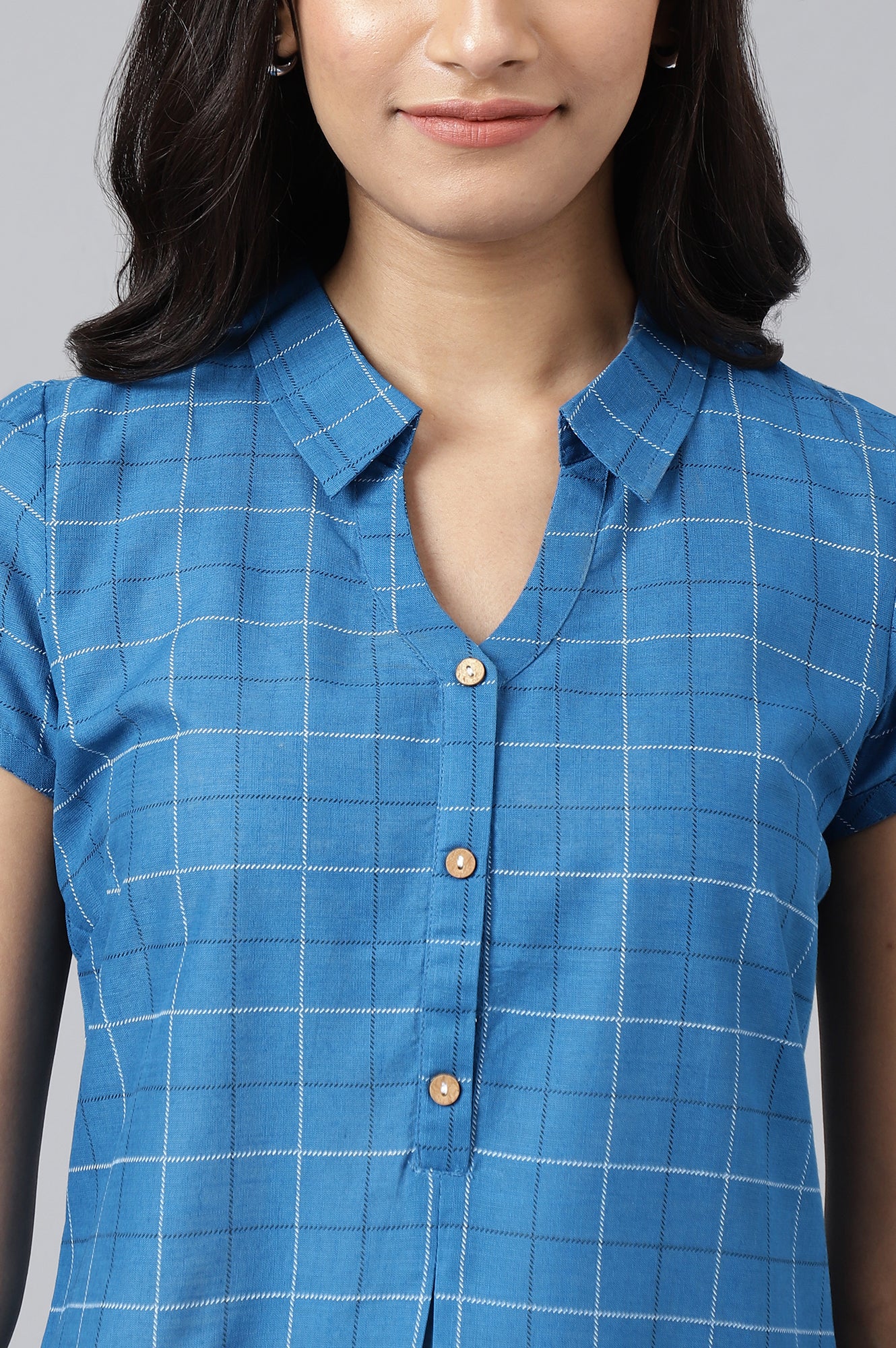 Blue Check Printed Shirt Collar kurta