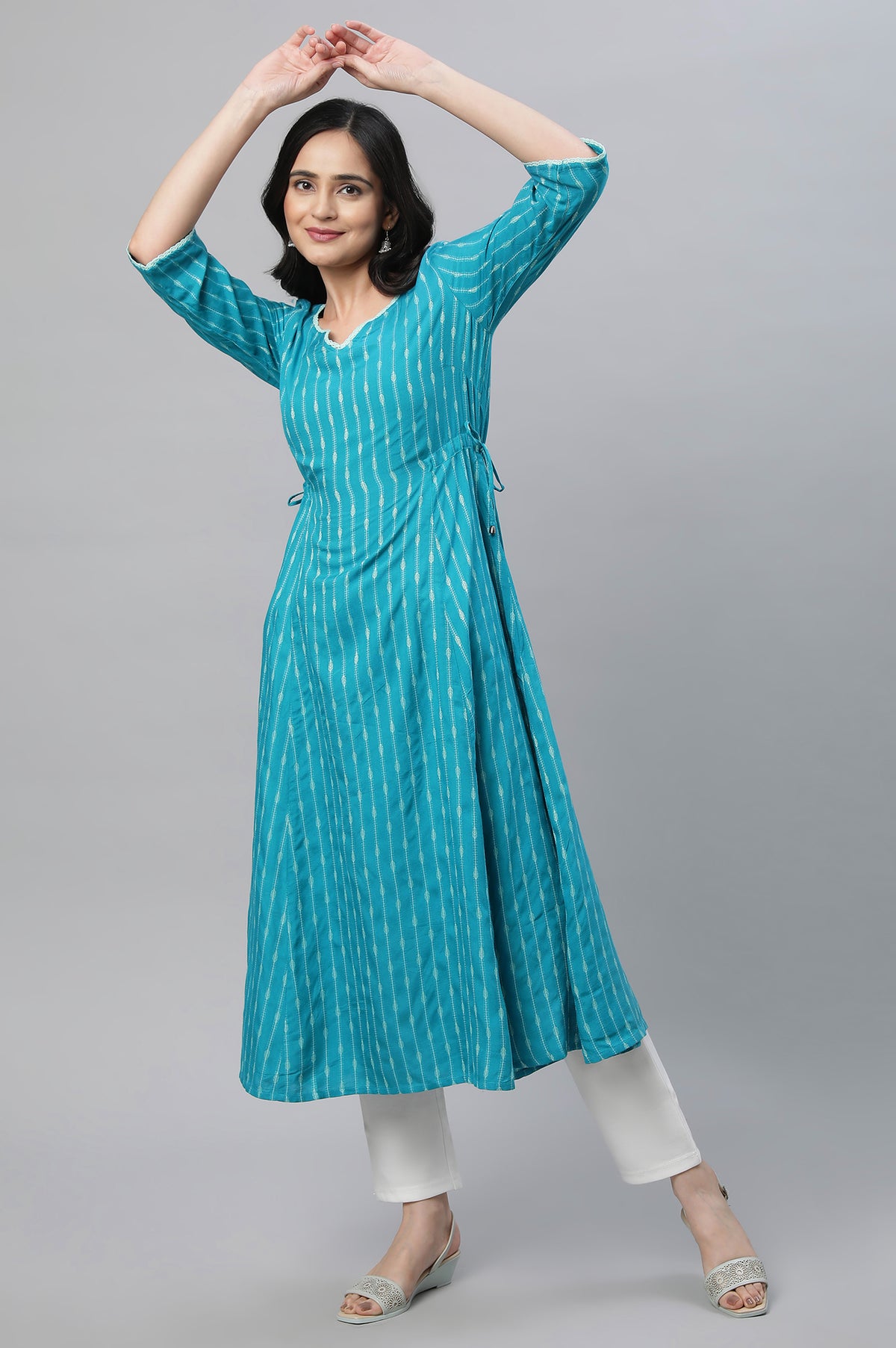 Teal Green Yarn Dyed Ethnic Kurta - XS