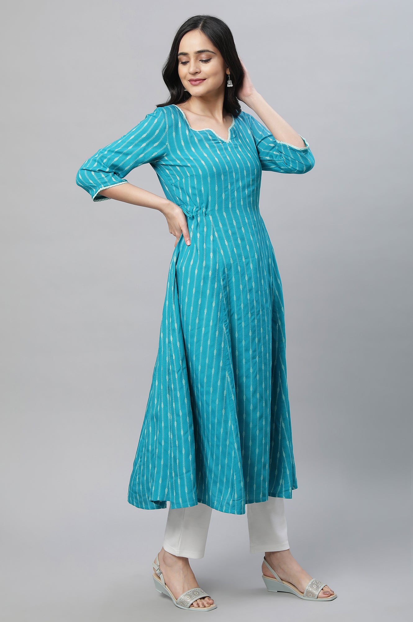 Teal Green Yarn Dyed Ethnic Kurta