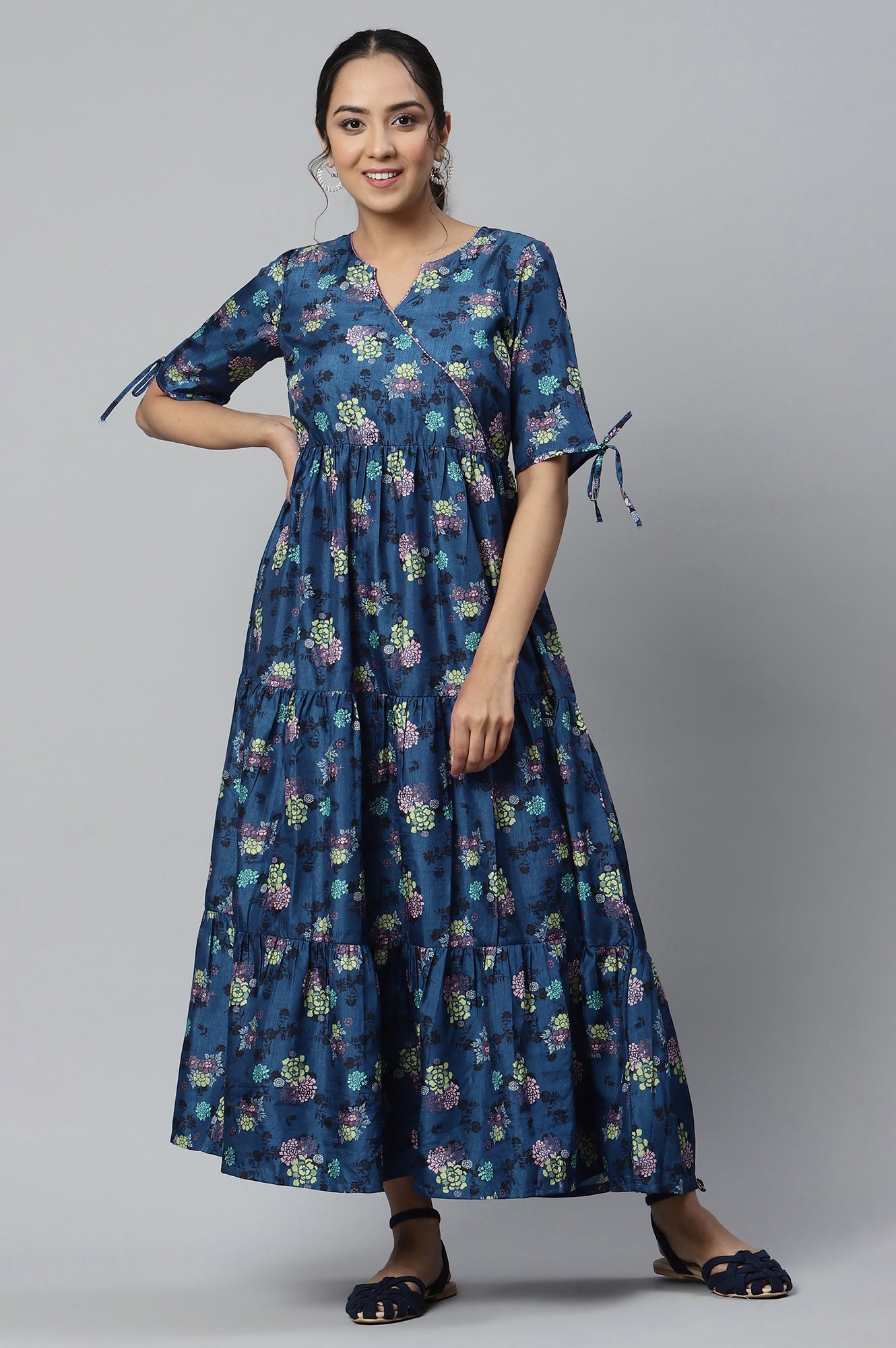 Blue Floral Print Ankle Length Dress