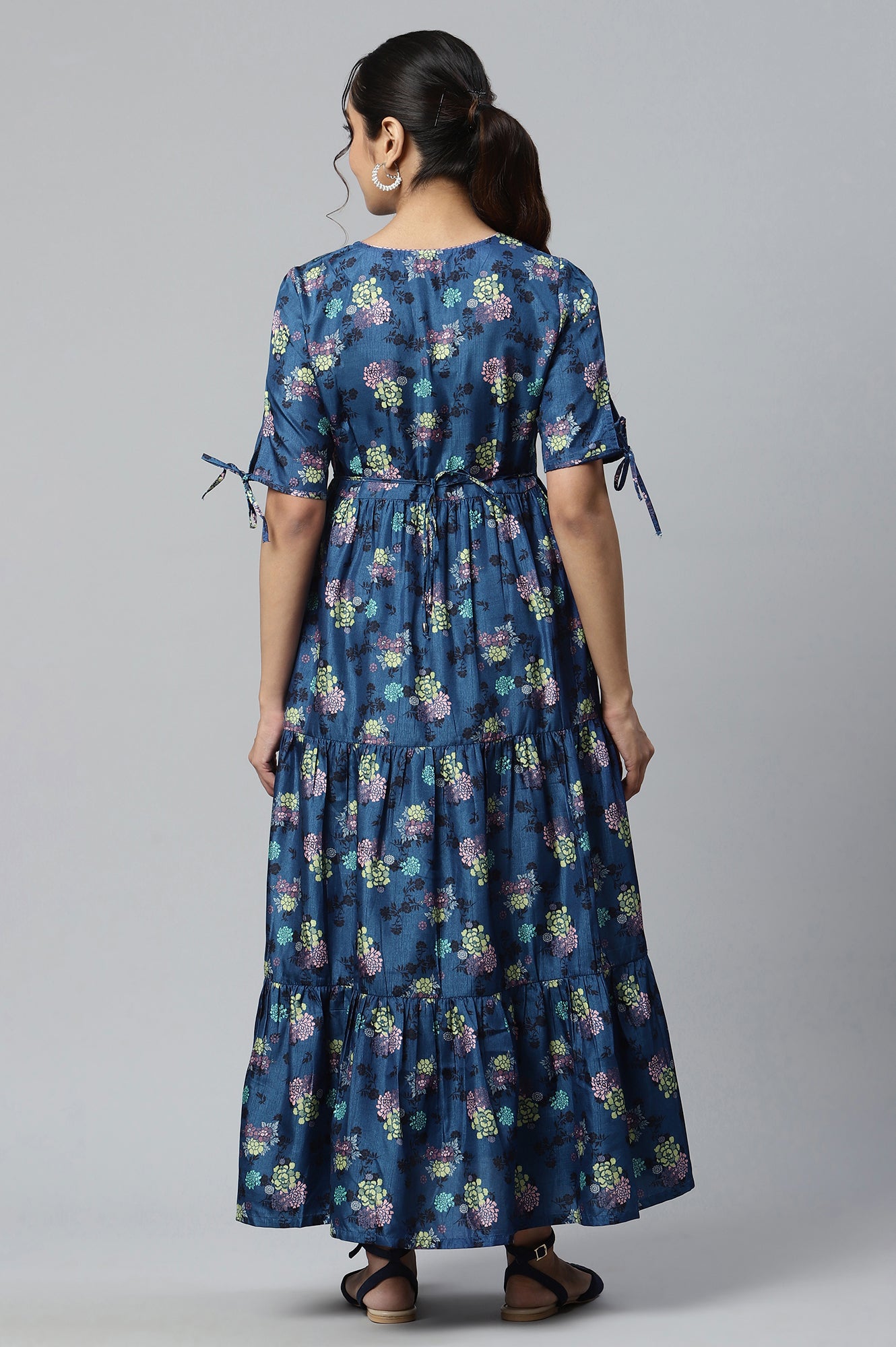 Blue Floral Print Ankle Length Dress