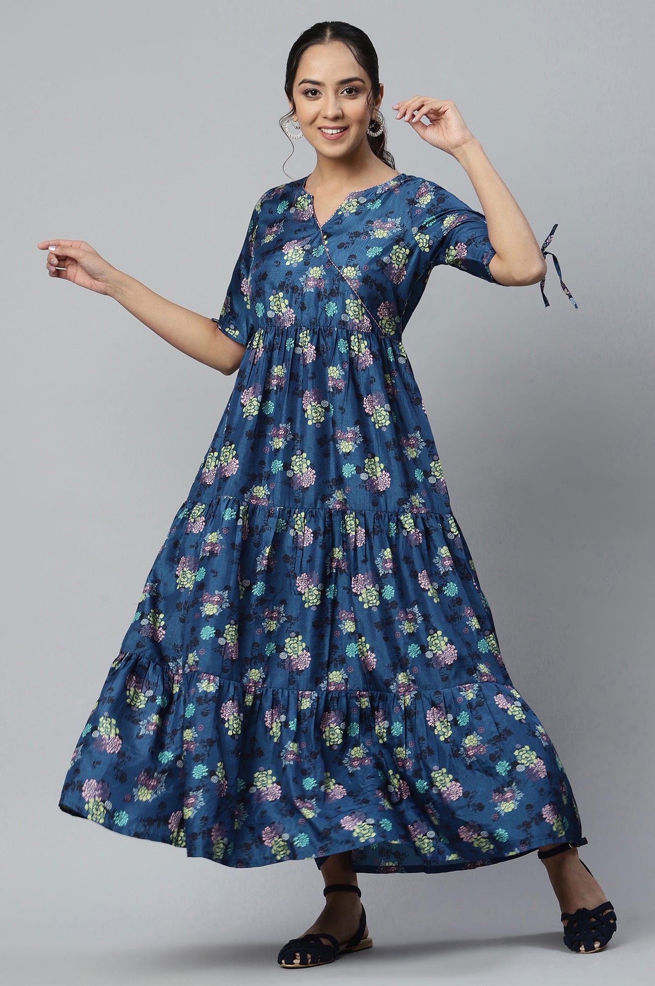 Blue Floral Print Ankle Length Dress