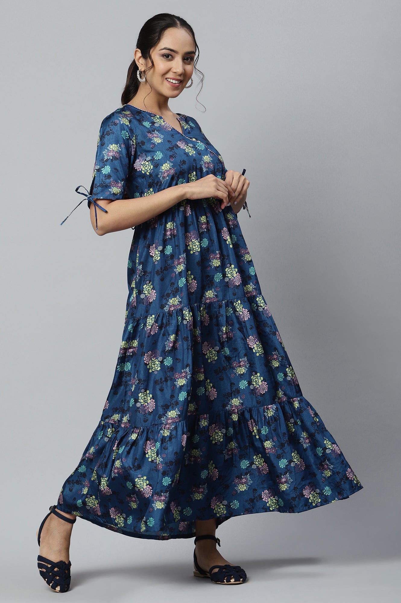 Blue Floral Print Ankle Length Dress