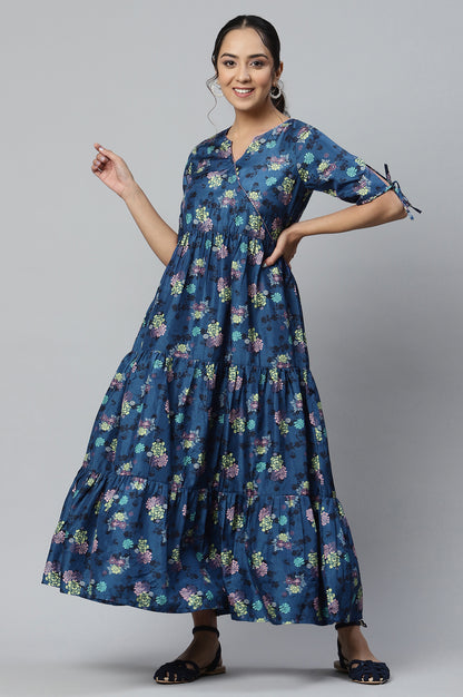 Blue Floral Print Ankle Length Dress