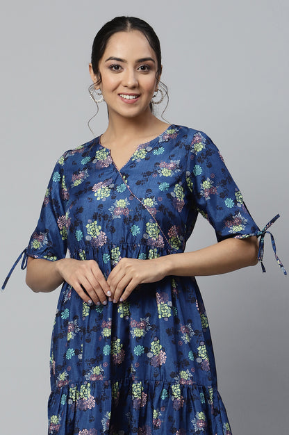 Blue Floral Print Ankle Length Dress