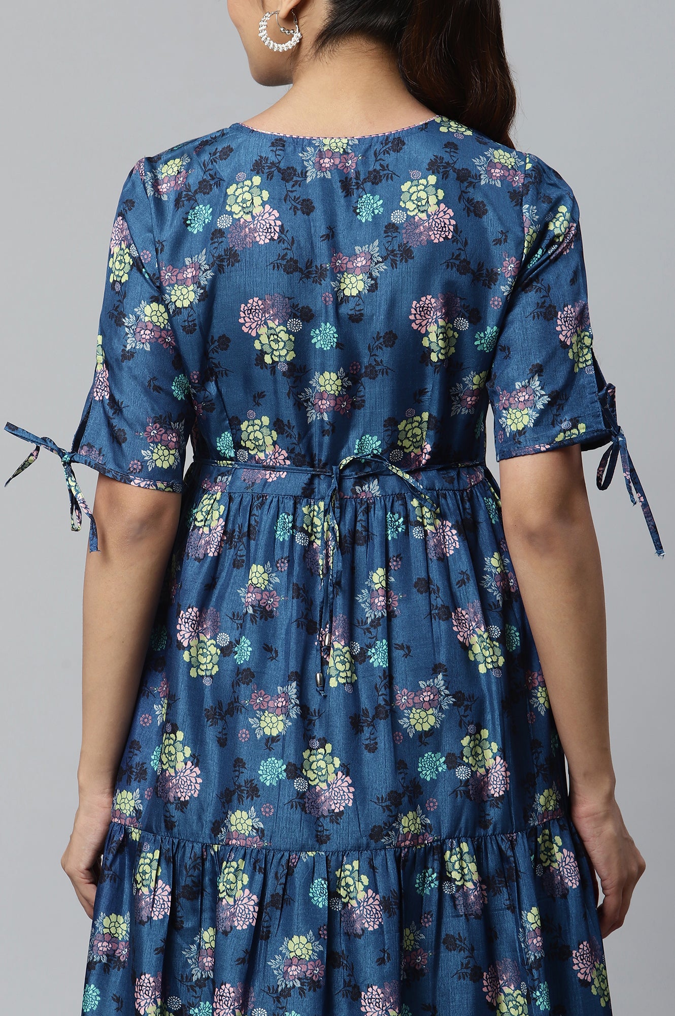 Blue Floral Print Ankle Length Dress