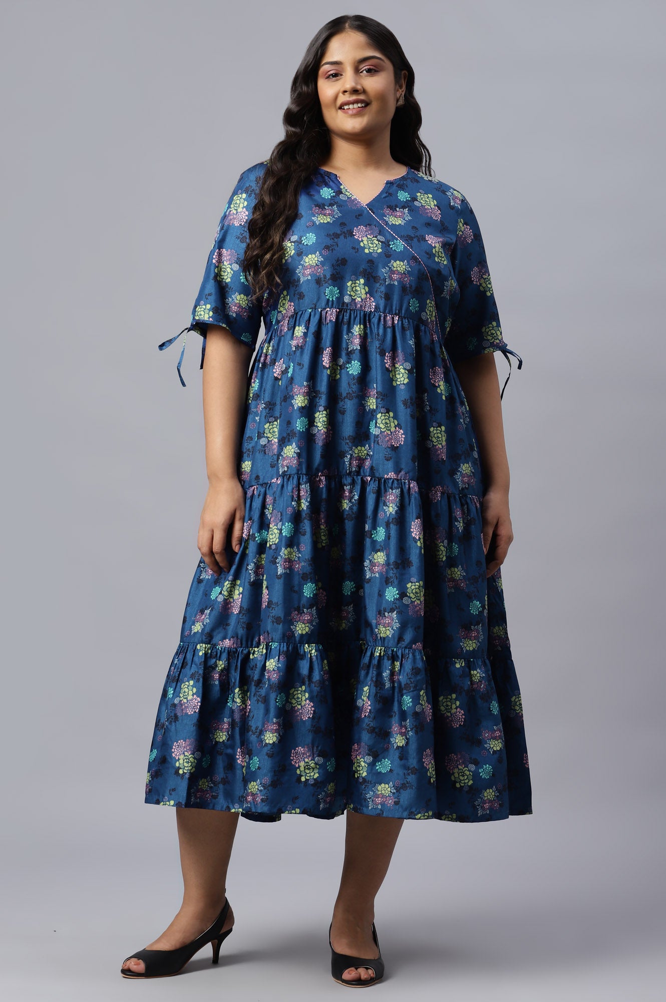 Dark Blue Floral Printed Plus Size Dress