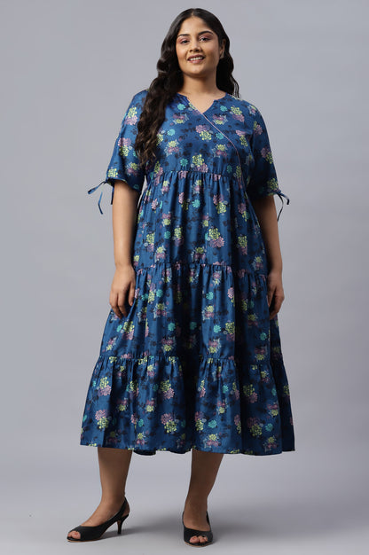 Dark Blue Floral Printed Plus Size Dress