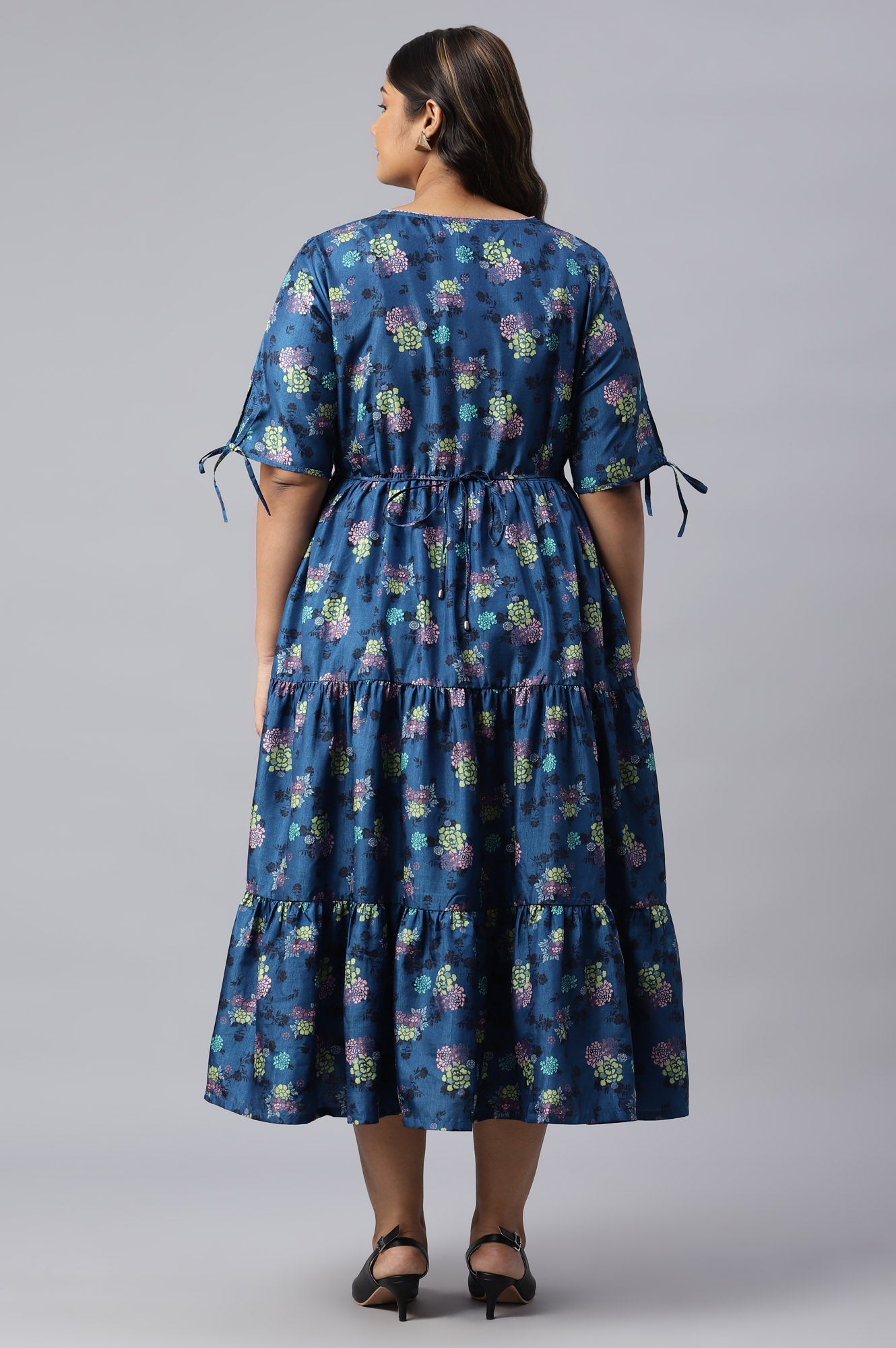 Dark Blue Floral Printed Plus Size Dress