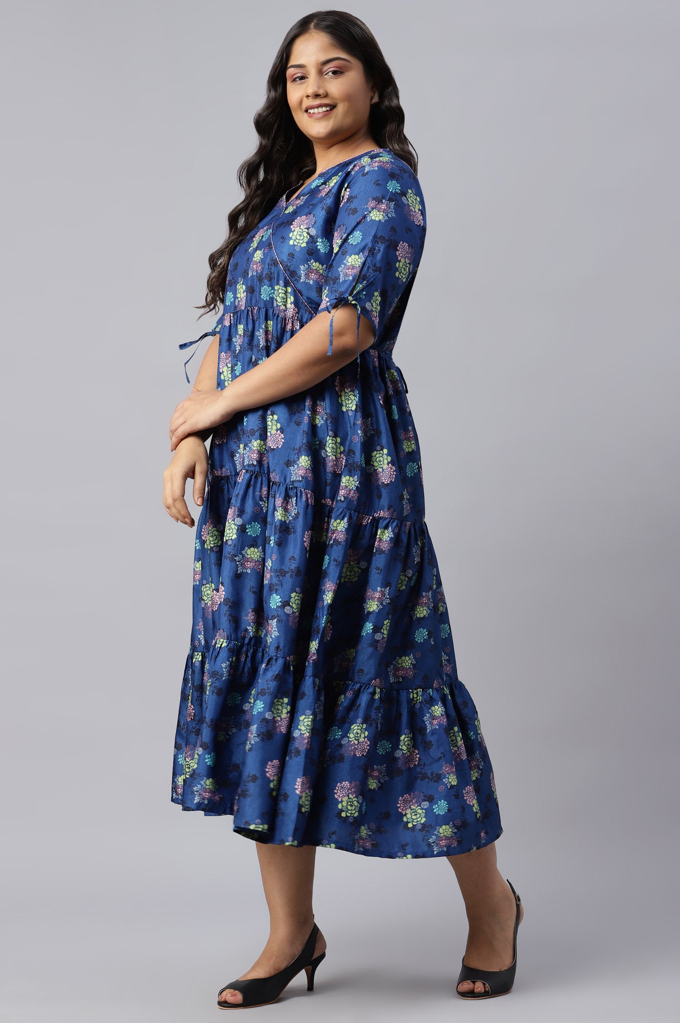 Dark Blue Floral Printed Plus Size Dress