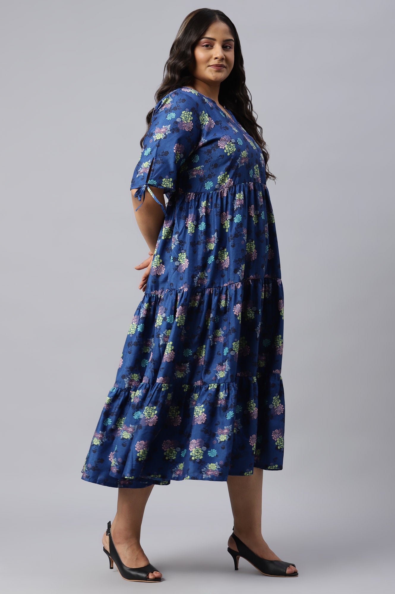 Dark Blue Floral Printed Plus Size Dress