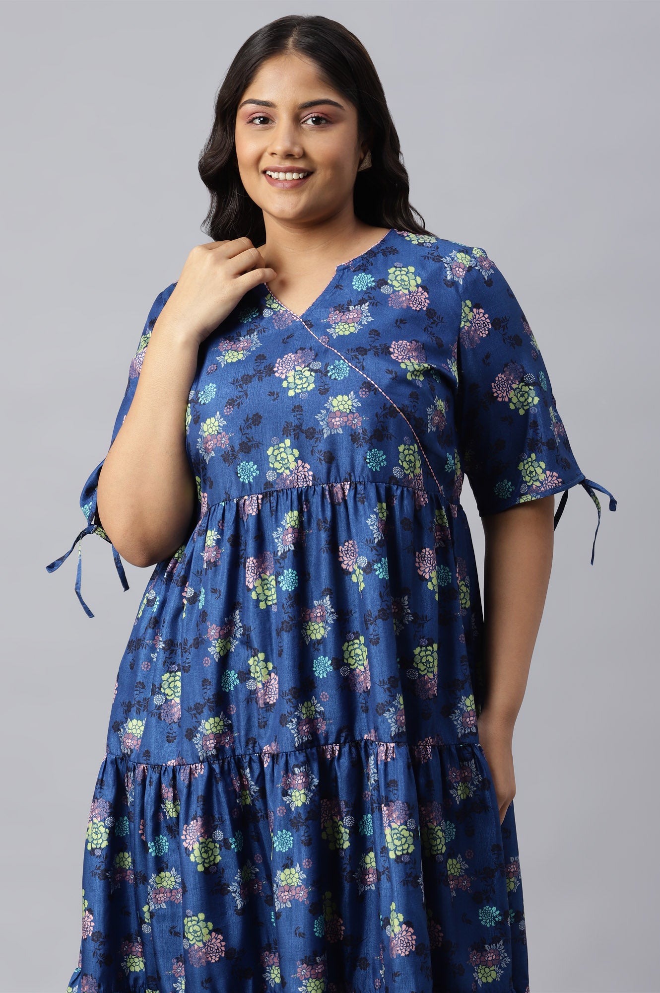 Dark Blue Floral Printed Plus Size Dress