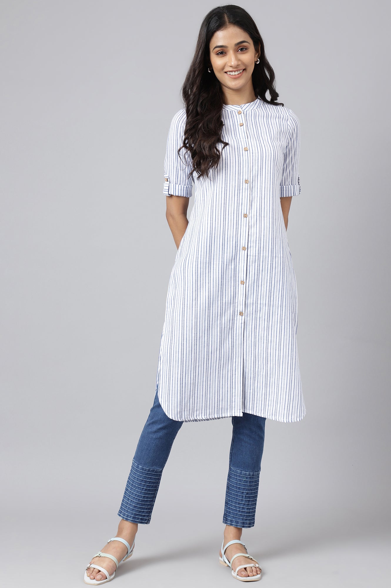 White Cotton Stripe Print kurta