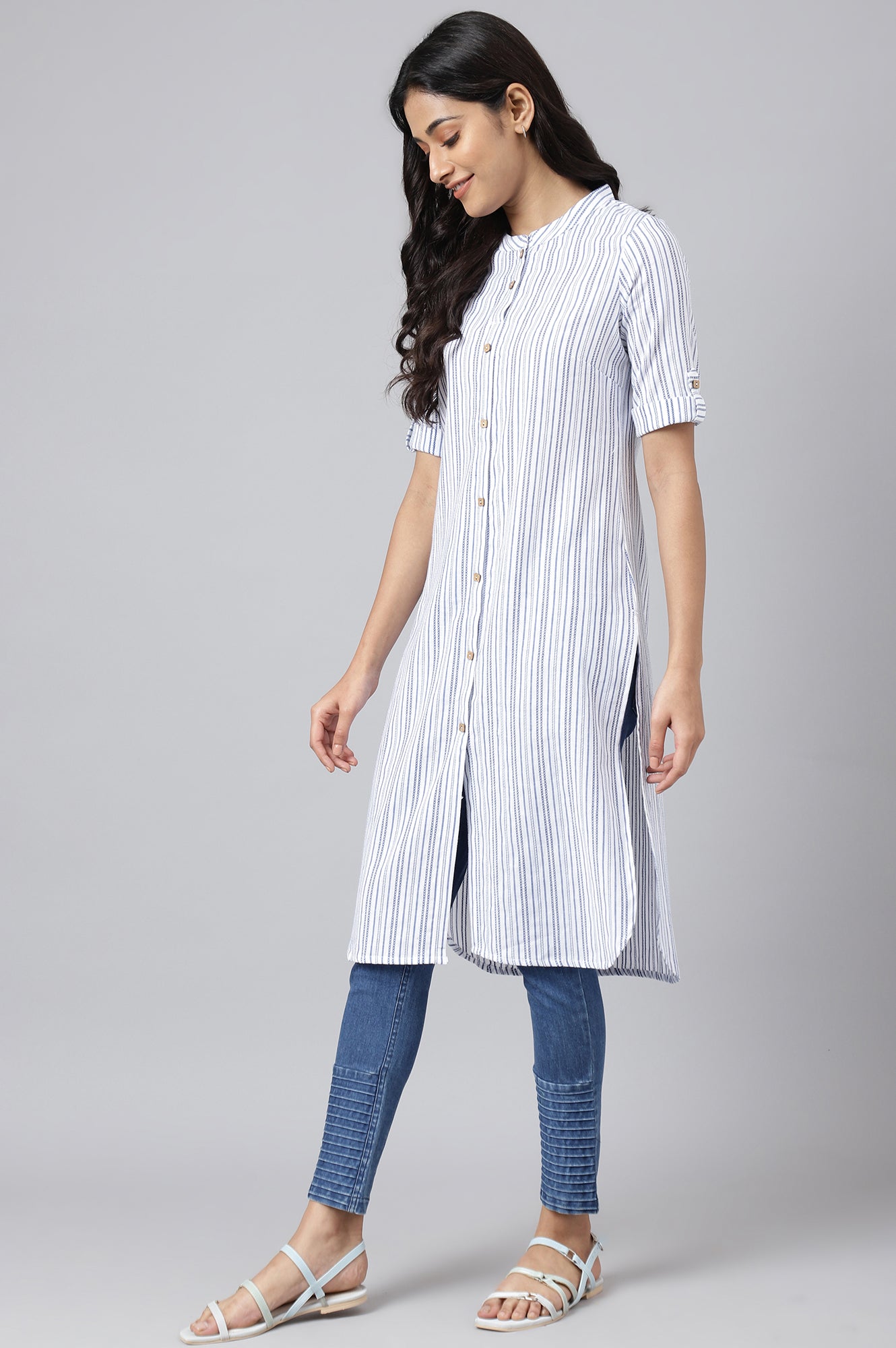 White Cotton Stripe Print kurta