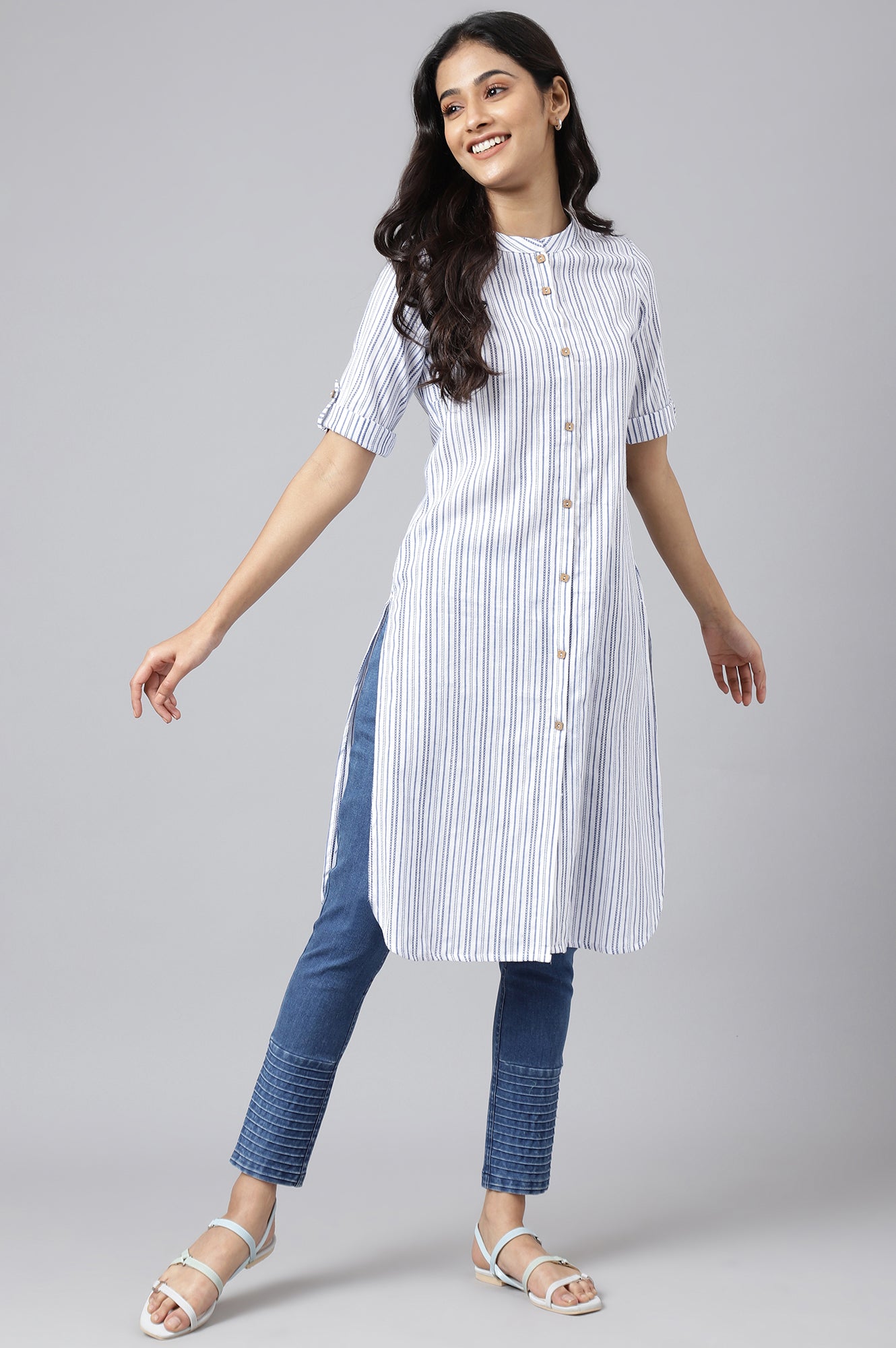 White Cotton Stripe Print kurta