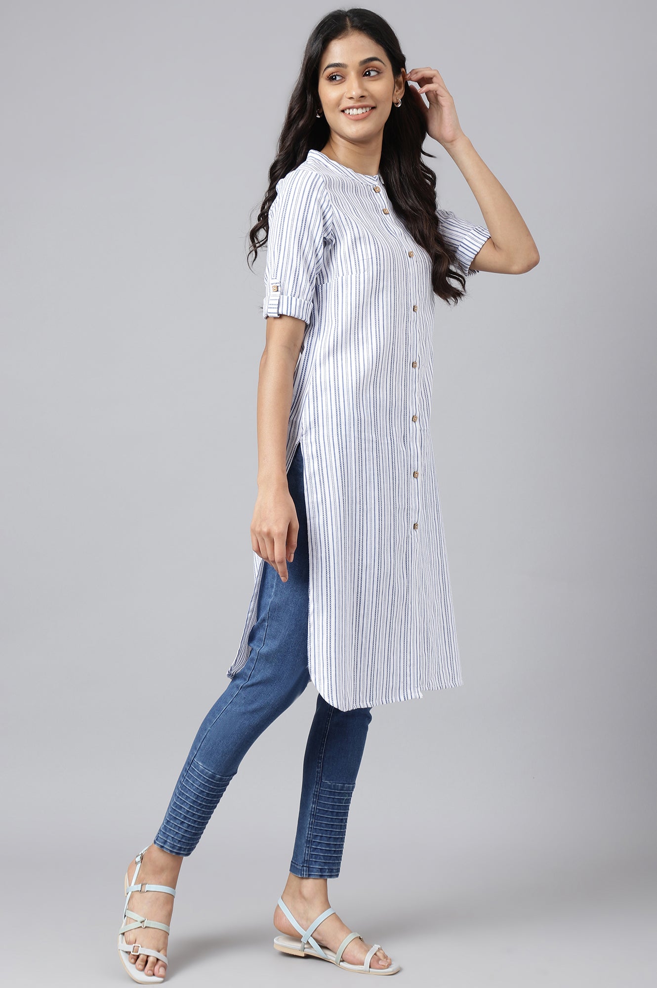 White Cotton Stripe Print kurta