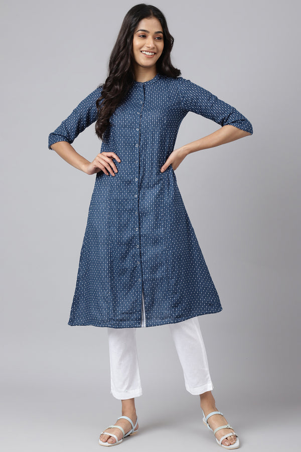 Blue & White Reversible Cotton Dobby kurta