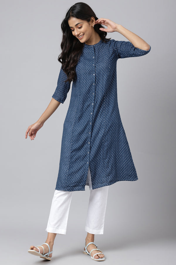 Blue & White Reversible Cotton Dobby kurta