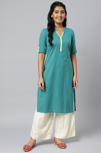 Green Stripe Plus Size kurta In Chevron Yoke