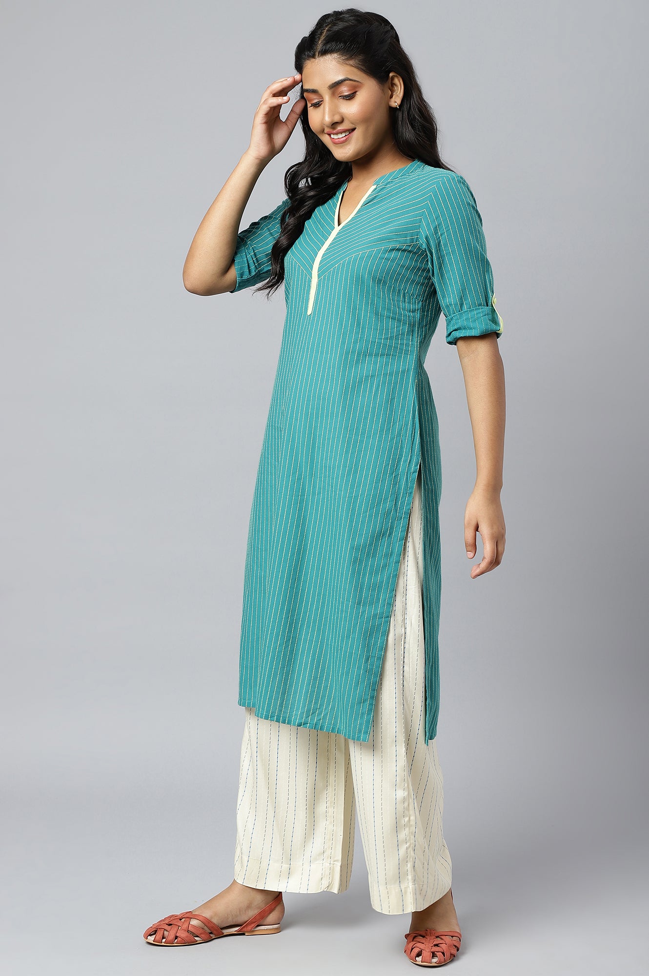 Green Stripe Plus Size kurta In Chevron Yoke