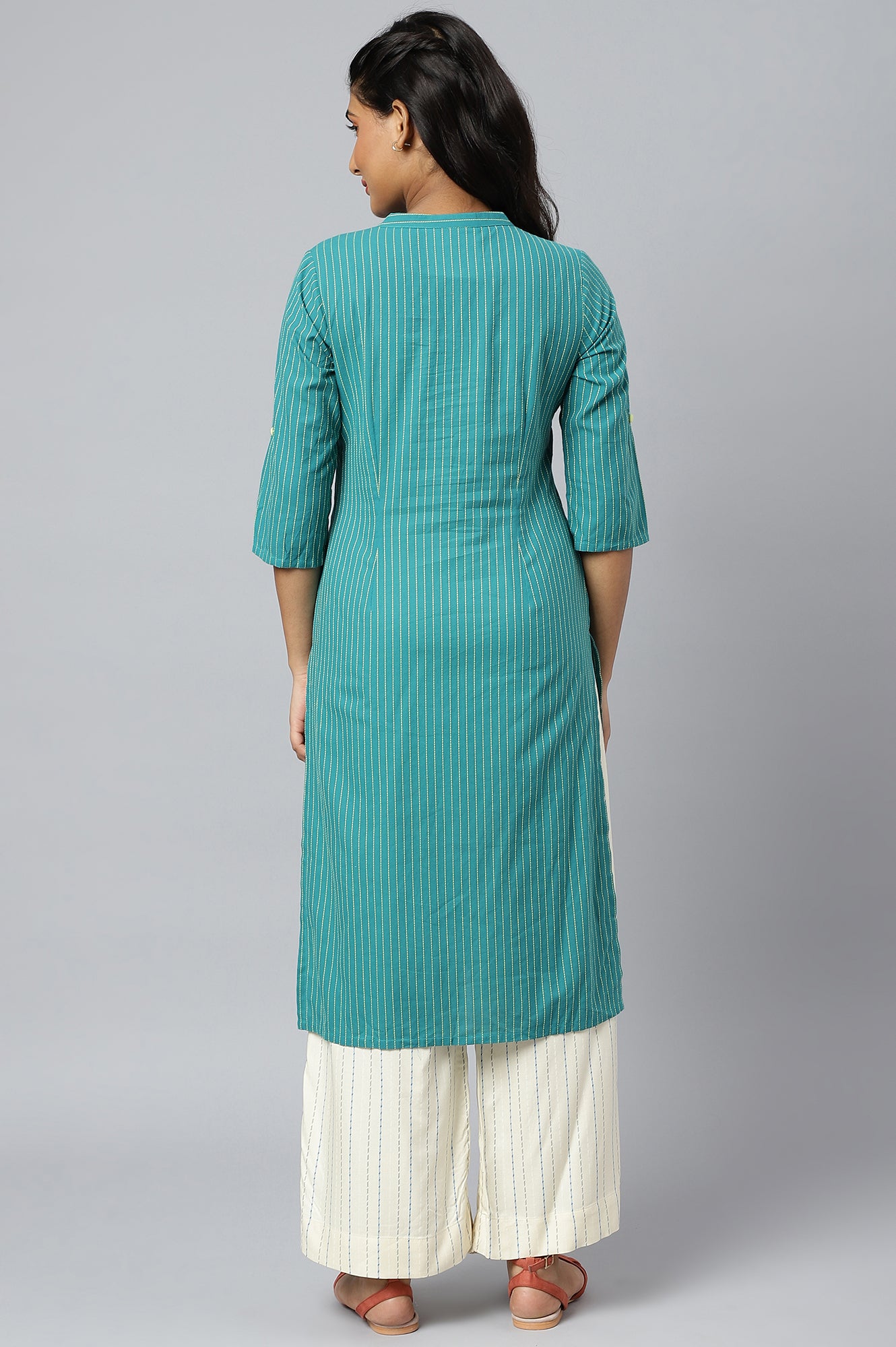 Green Stripe Plus Size kurta In Chevron Yoke