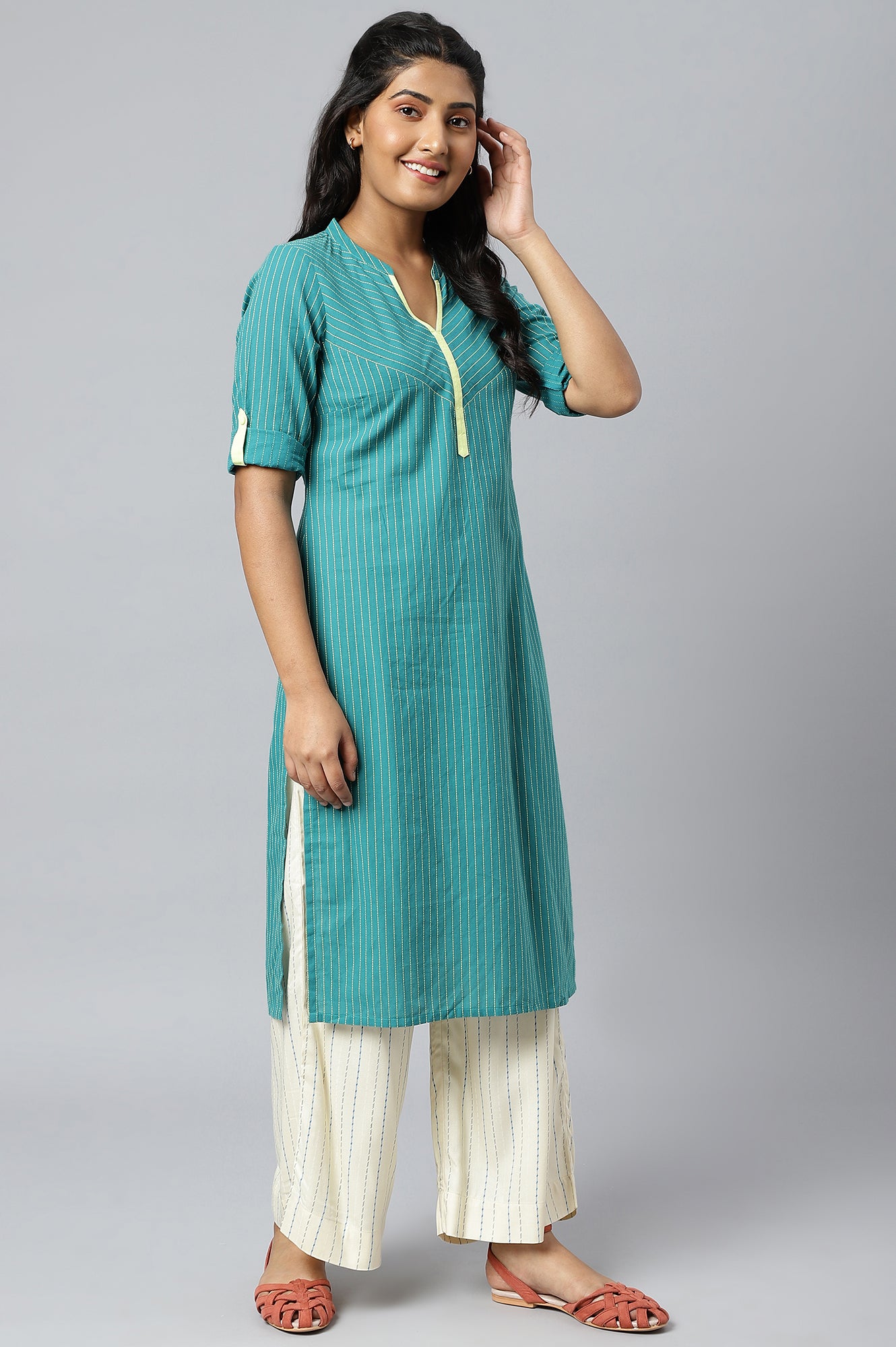 Green Stripe Plus Size kurta In Chevron Yoke