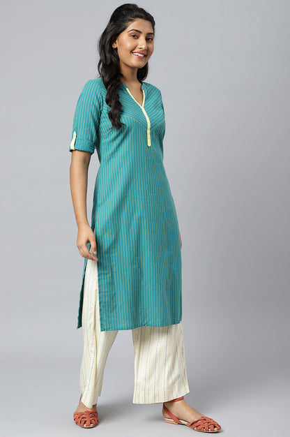 Green Stripe Plus Size kurta In Chevron Yoke