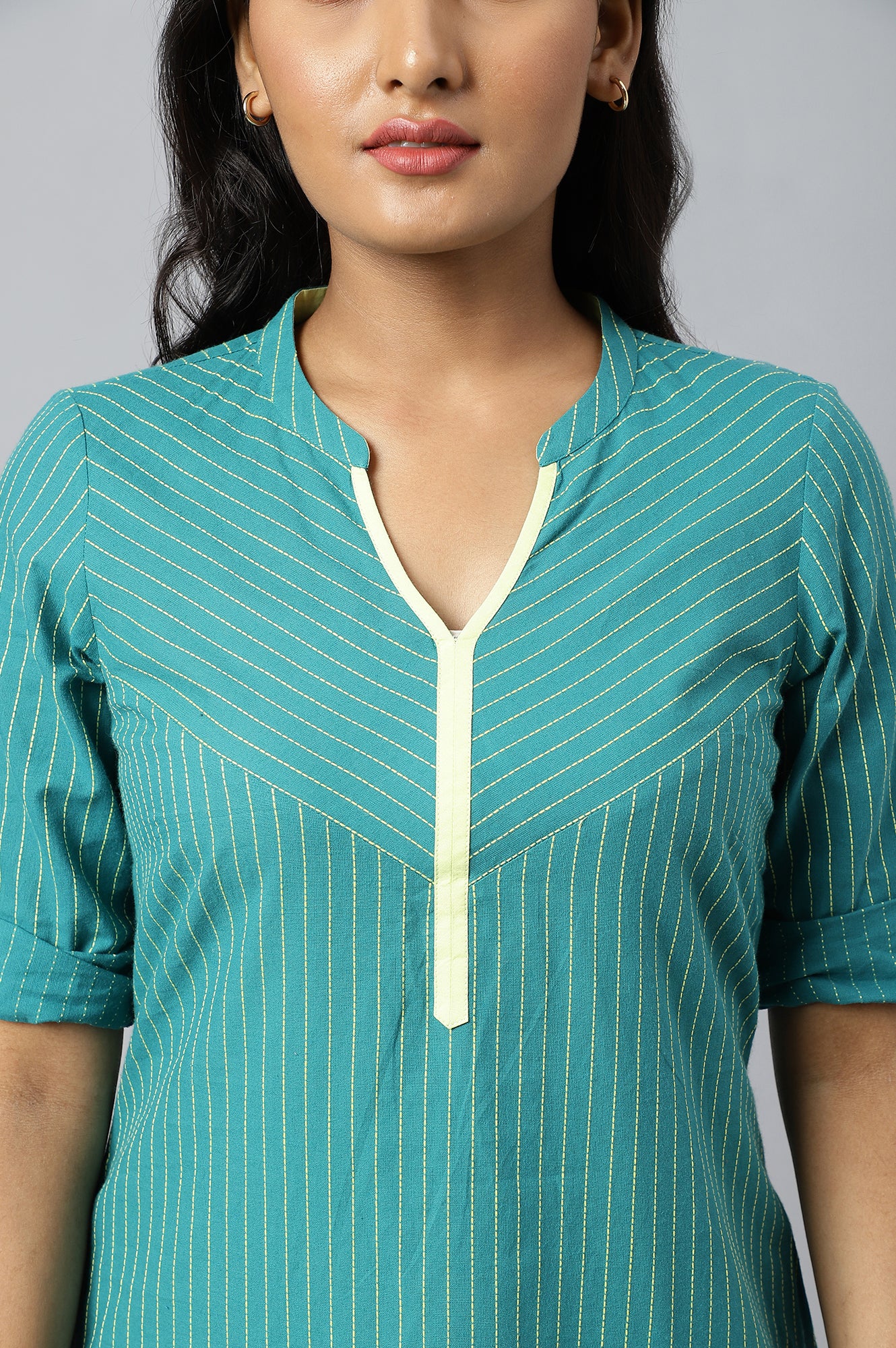 Green Stripe Plus Size kurta In Chevron Yoke