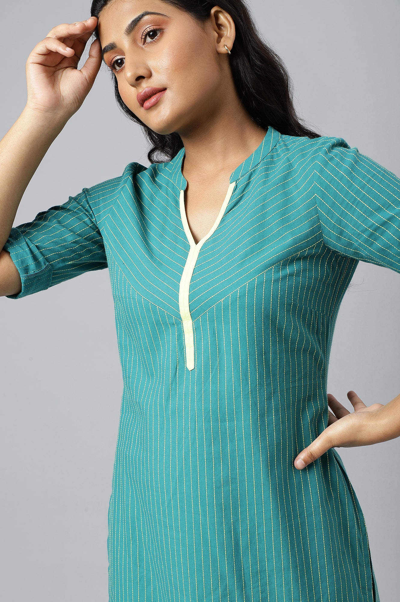 Green Stripe Plus Size kurta In Chevron Yoke