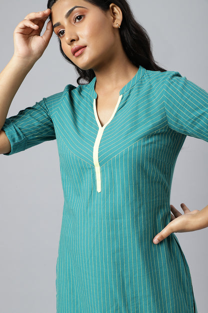 Green Stripe Plus Size kurta In Chevron Yoke