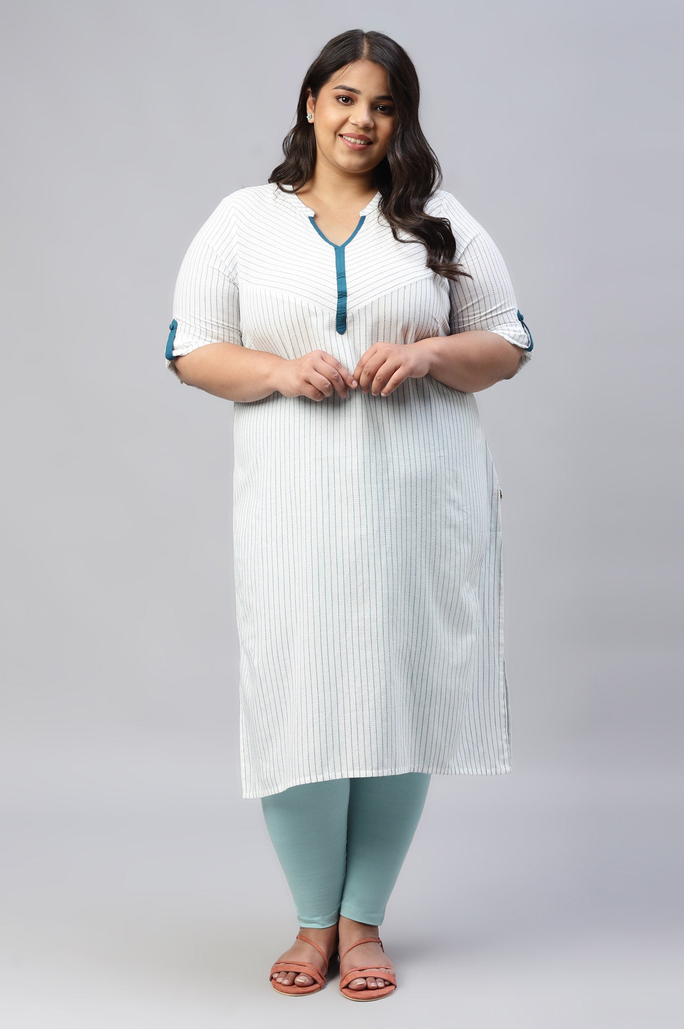 White Stripe Plus Size kurta In Chevron Yoke