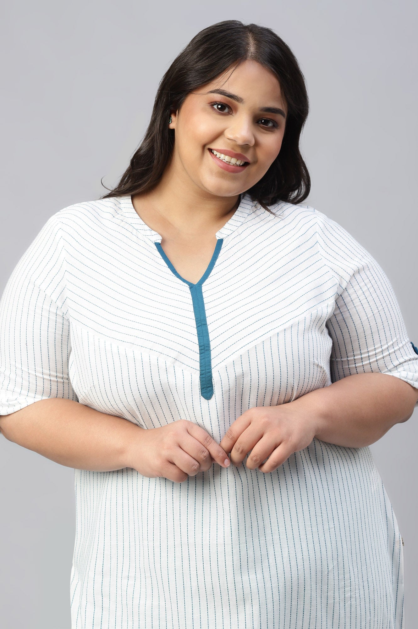 White Stripe Plus Size kurta In Chevron Yoke