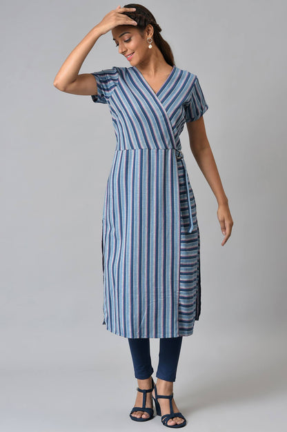 Blue Stripe Print Cotton kurta with Side Buckle