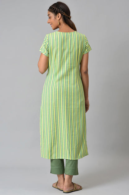 Green Stripe Print Cotton kurta with Side Buckle