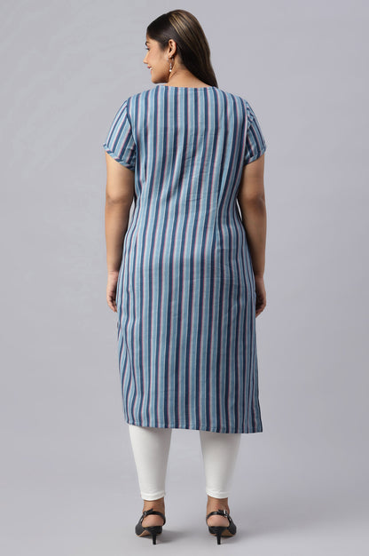 Blue Stripe Cotton Plus Size kurta with Side Buckle