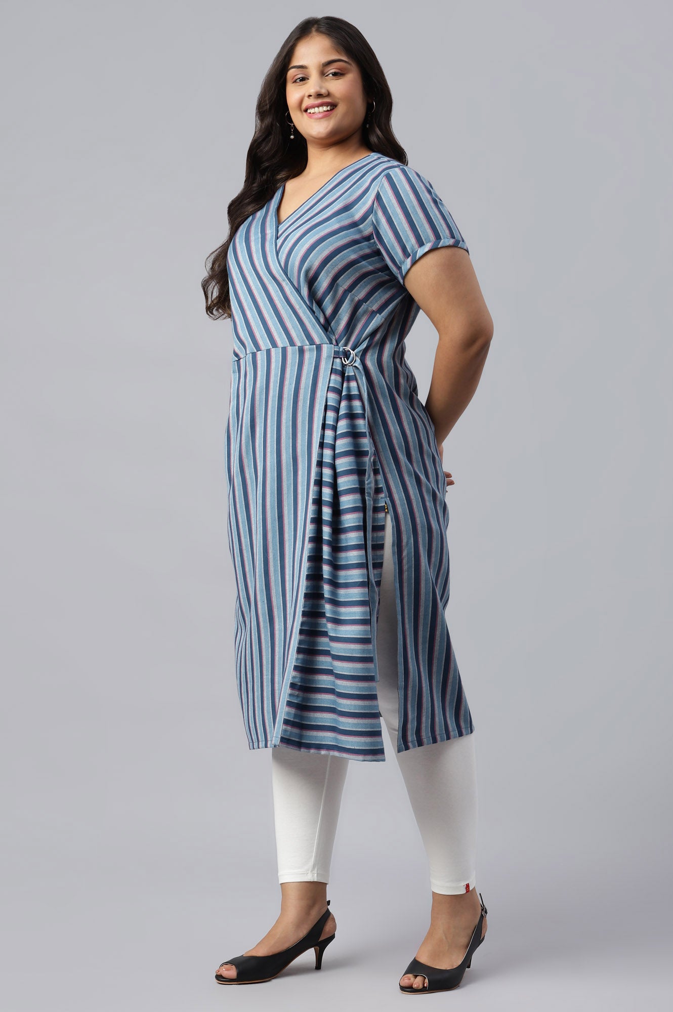 Blue Stripe Cotton Plus Size kurta with Side Buckle