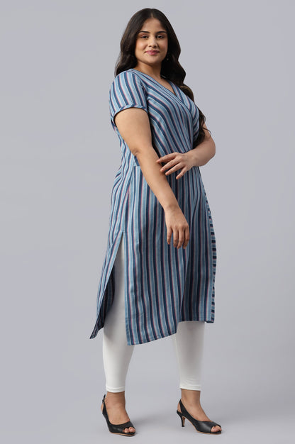 Blue Stripe Cotton Plus Size kurta with Side Buckle