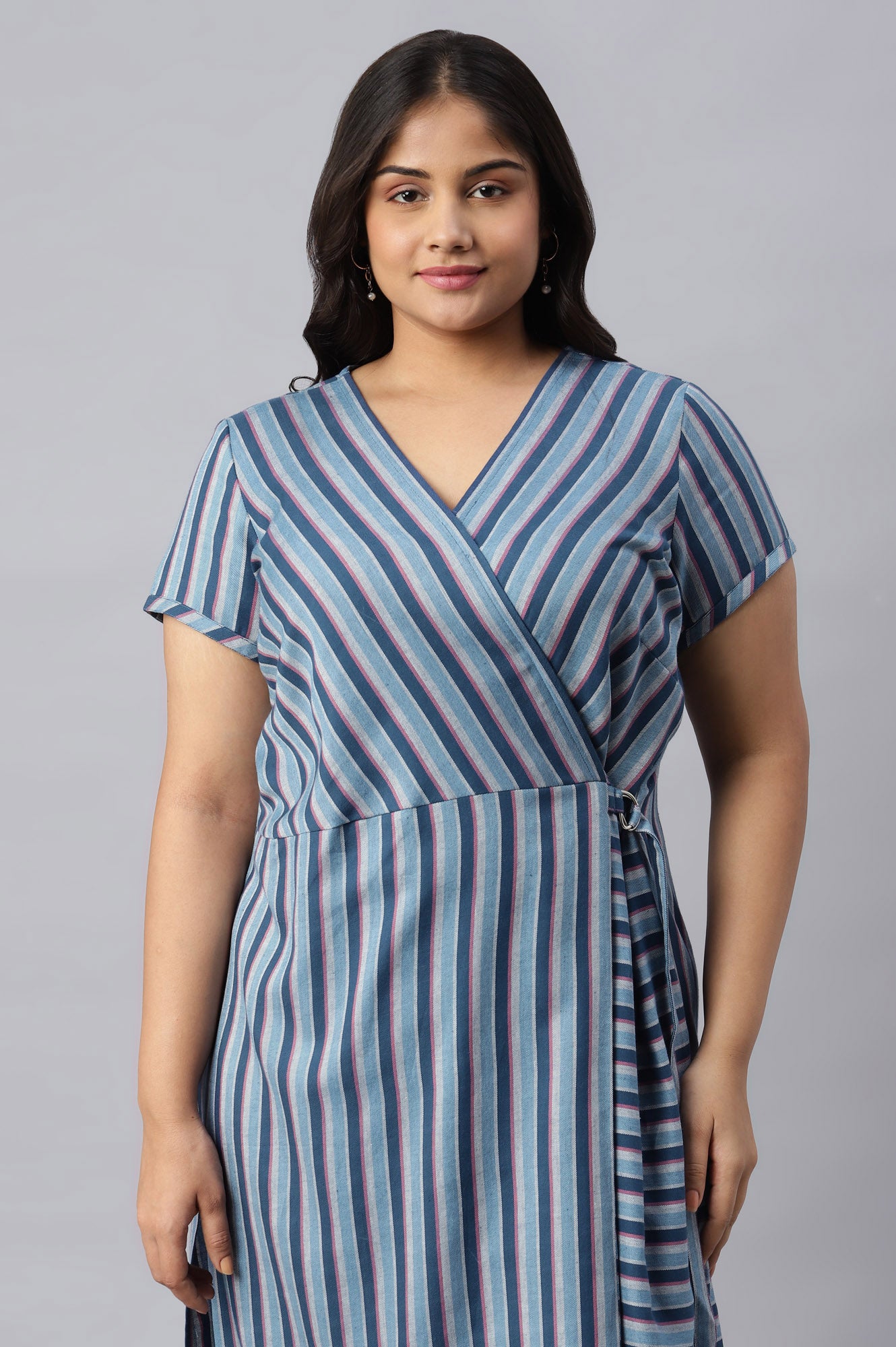 Blue Stripe Cotton Plus Size kurta with Side Buckle