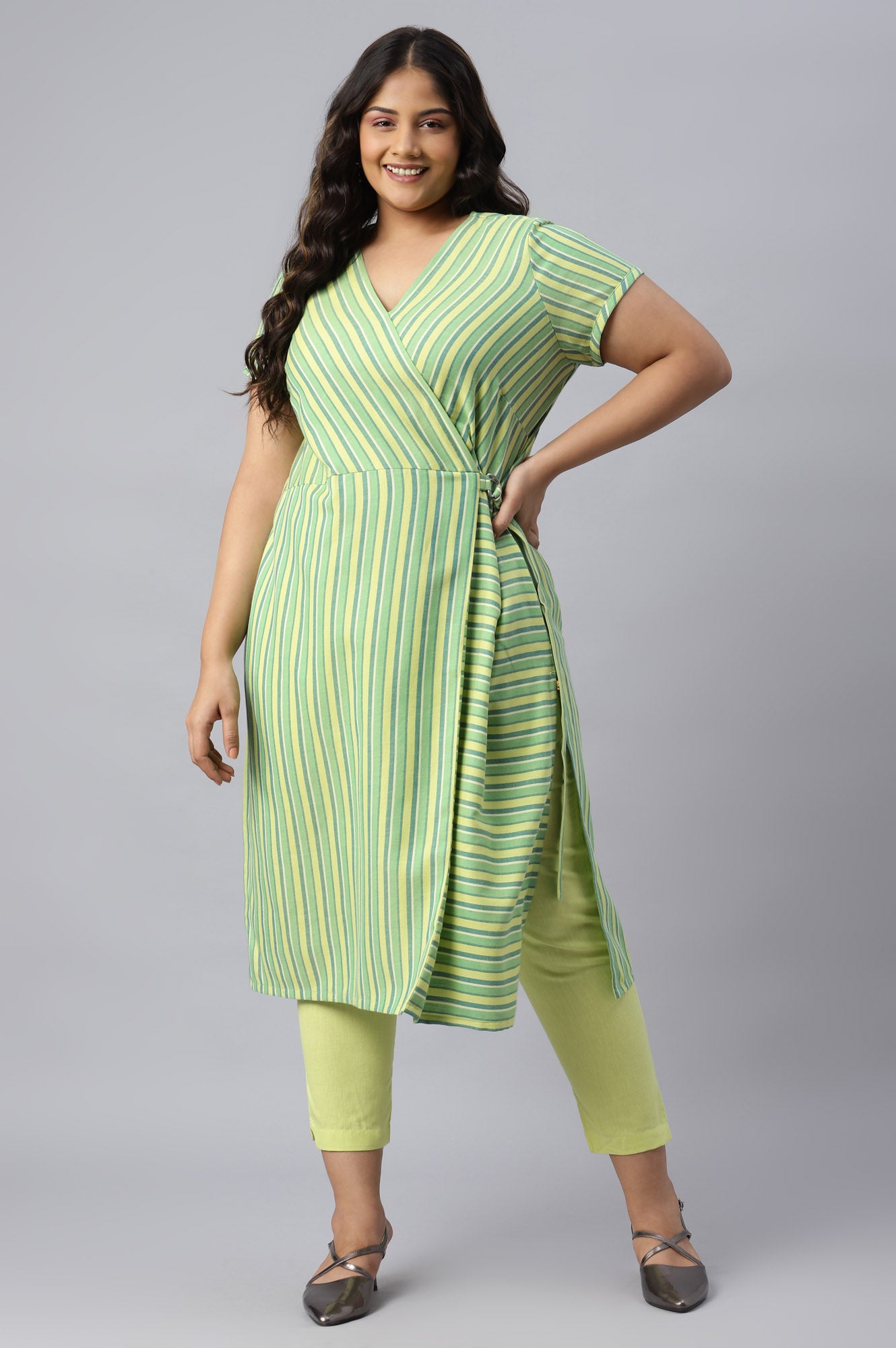 Green Stripe Cotton Plus Size kurta with Side Buckle