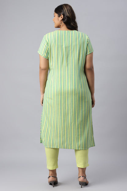 Green Stripe Cotton Plus Size kurta with Side Buckle