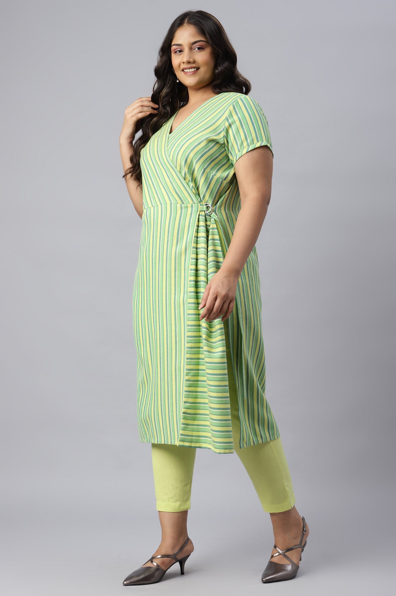 Green Stripe Cotton Plus Size kurta with Side Buckle