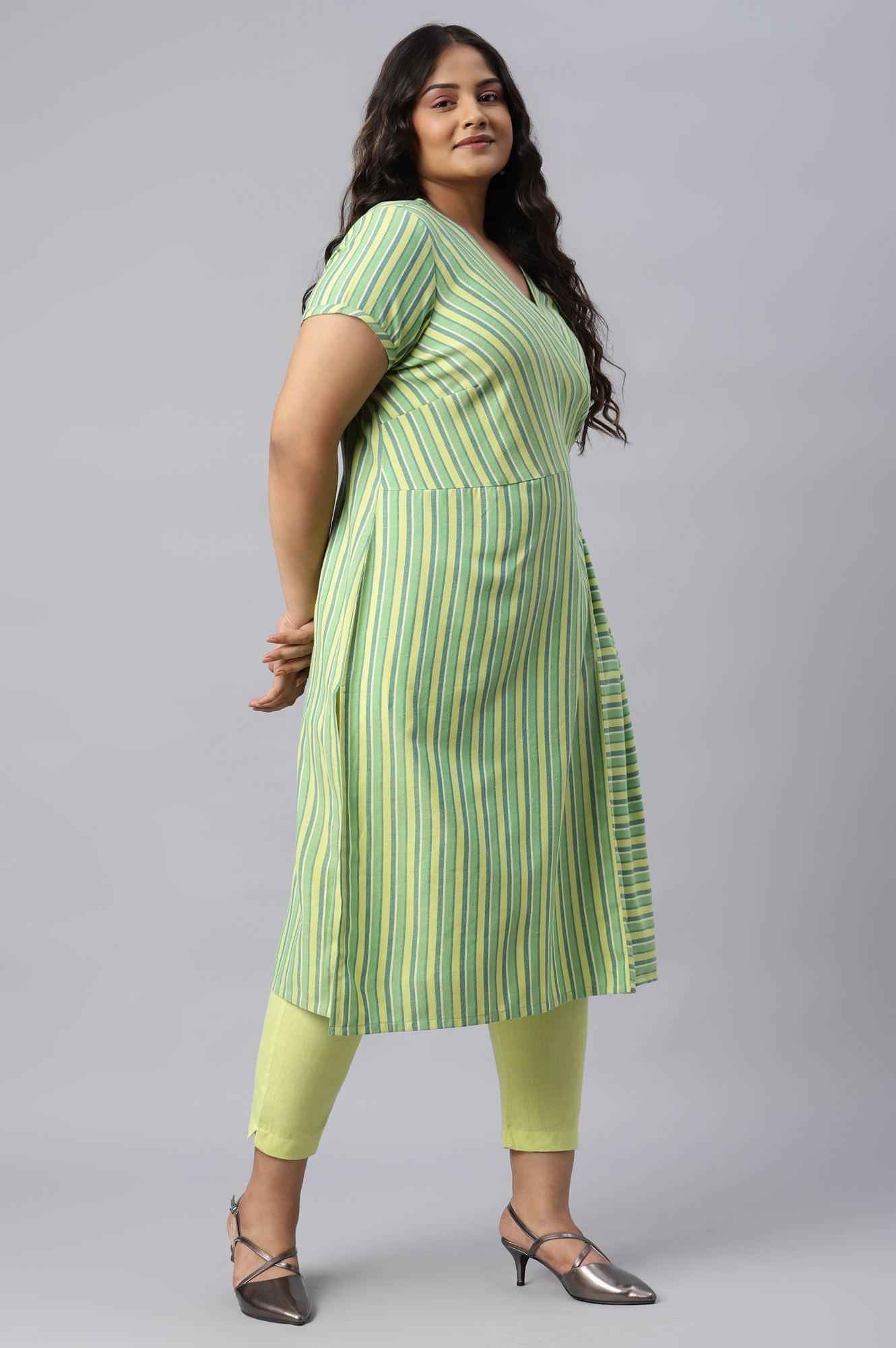 Green Stripe Cotton Plus Size kurta with Side Buckle